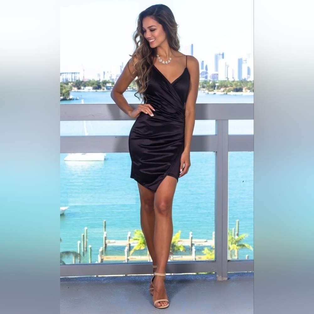 Altar'd State Black Satin Ruched Side Mini Dress Size S